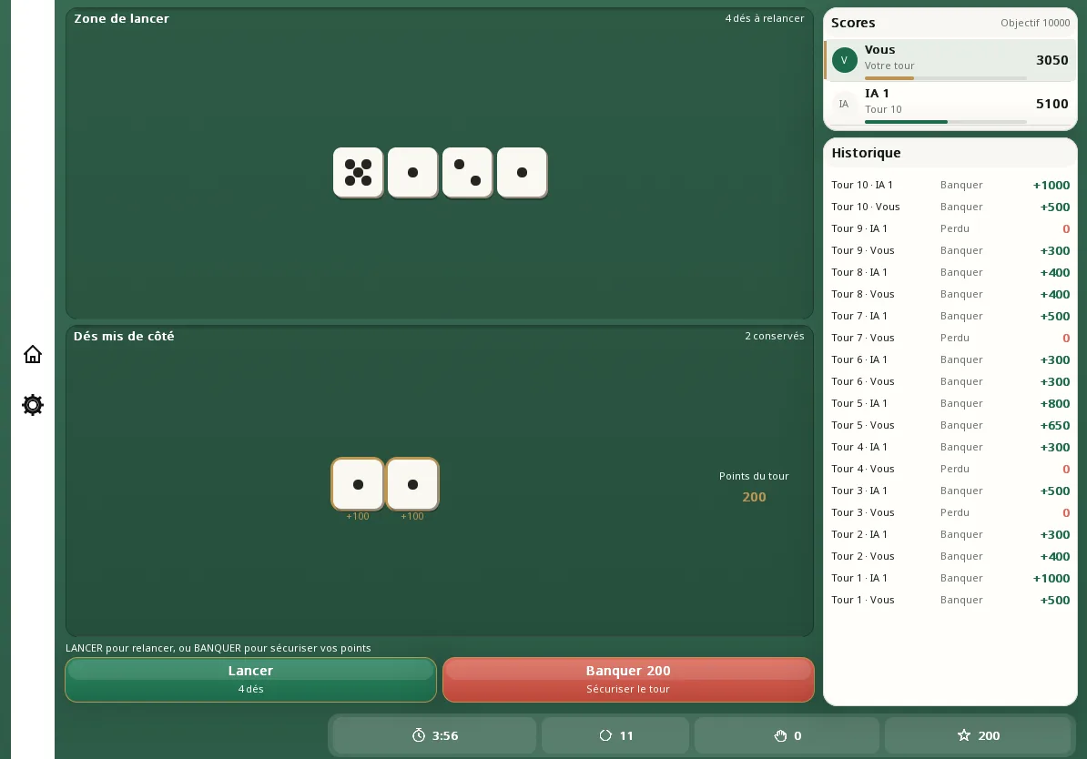 La même partie sur tablette : les dés, la zone des dés mis de côté, les boutons Lancer et Banquer, et les scores.