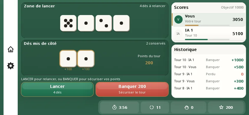 Partie en cours sur téléphone, à votre tour : les dés lancés sur le tapis vert, deux 1 déjà mis de côté, les points du tour et les scores des deux joueurs.